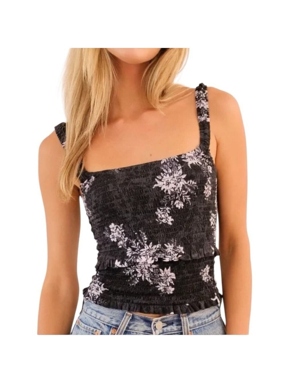 Free People Intimately Hannah Black Floral Print Smocked Cami Top Sz Large New